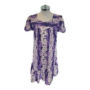 Vintage Hawaiian Purple Muumuu Dress Floral Tulip Sleeve Pocket Ruffle  Size L